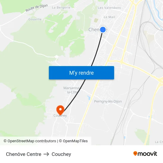 Chenôve Centre to Couchey map