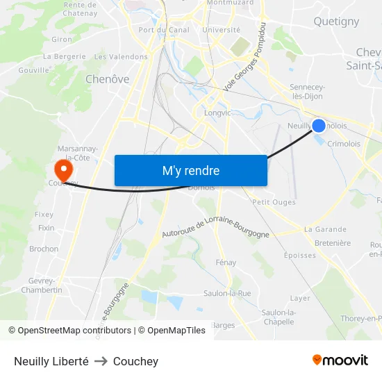 Neuilly Liberté to Couchey map