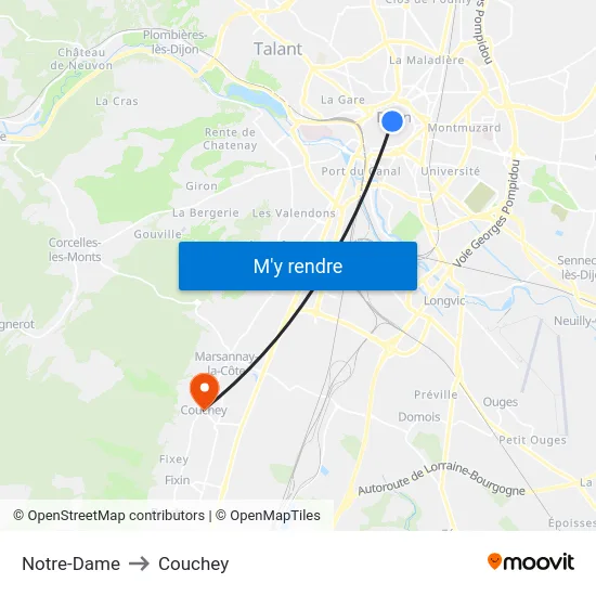 Notre-Dame to Couchey map