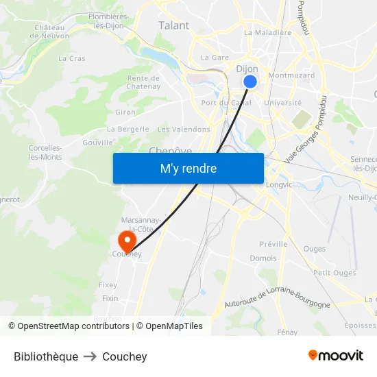 Bibliothèque to Couchey map
