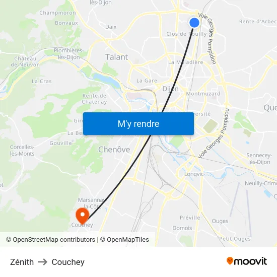Zénith to Couchey map