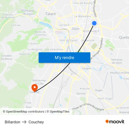 Billardon to Couchey map