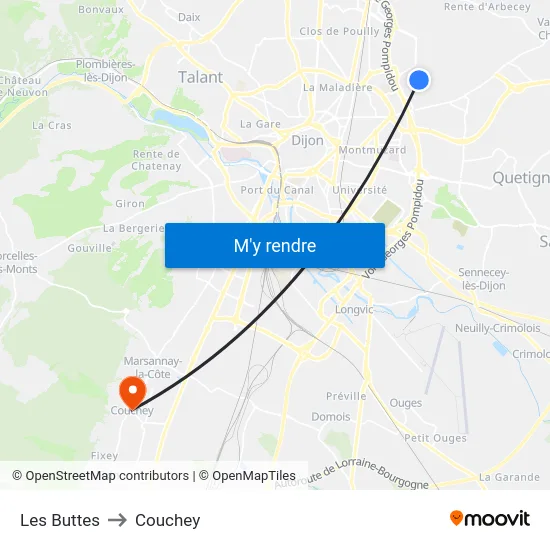 Les Buttes to Couchey map