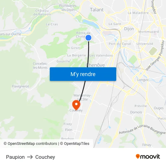 Paupion to Couchey map