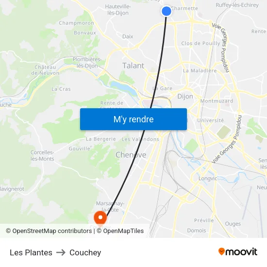 Les Plantes to Couchey map