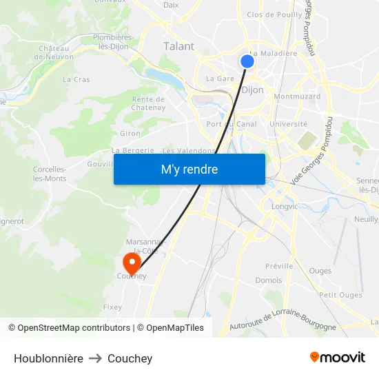 Houblonnière to Couchey map