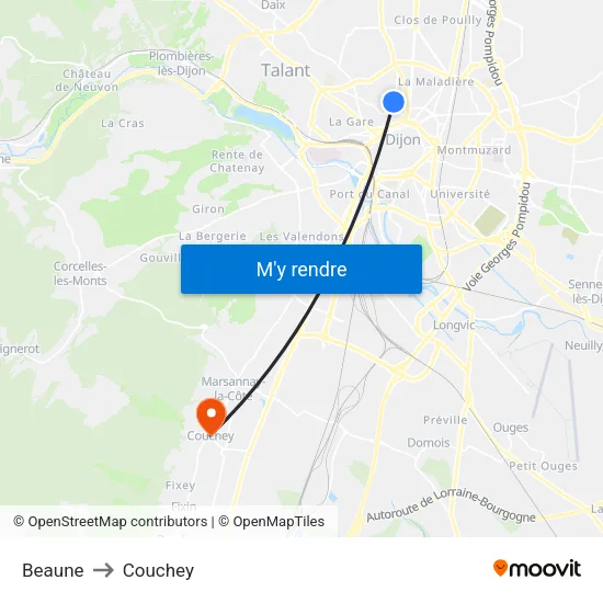 Beaune to Couchey map