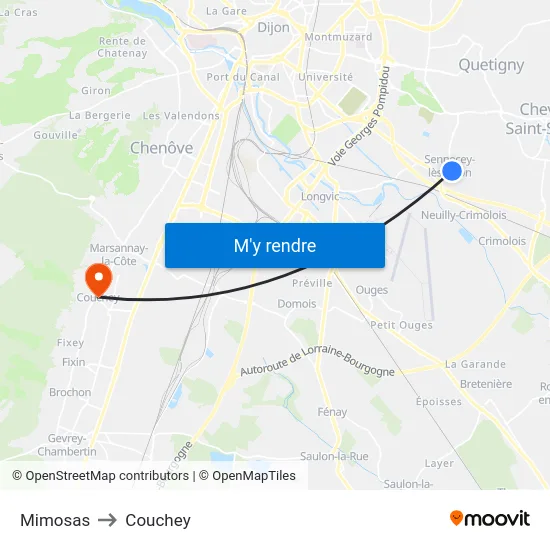 Mimosas to Couchey map