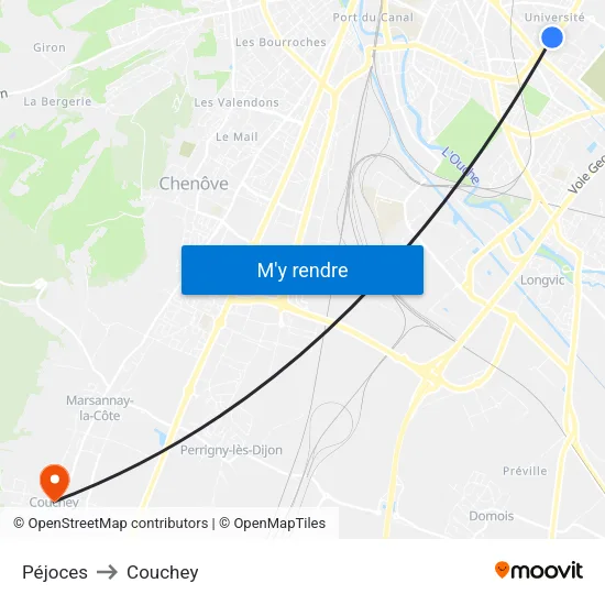 Péjoces to Couchey map