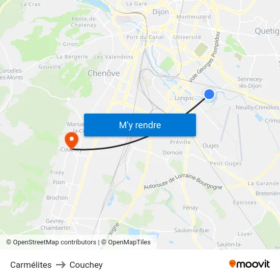 Carmélites to Couchey map