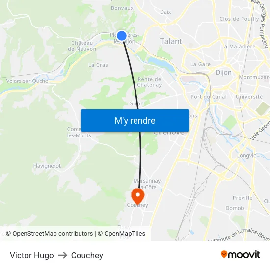 Victor Hugo to Couchey map