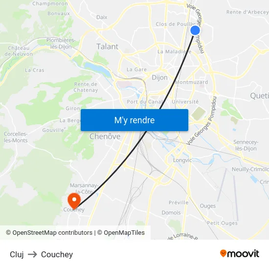 Cluj to Couchey map