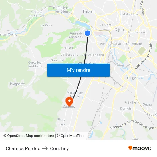 Champs Perdrix to Couchey map