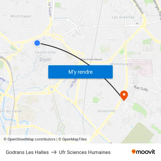 Godrans Les Halles to Ufr Sciences Humaines map