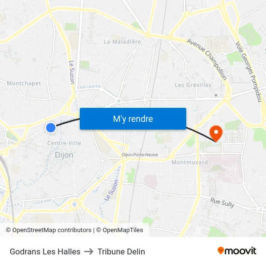 Godrans Les Halles to Tribune Delin map