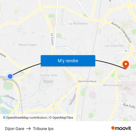 Dijon Gare to Tribune Ips map