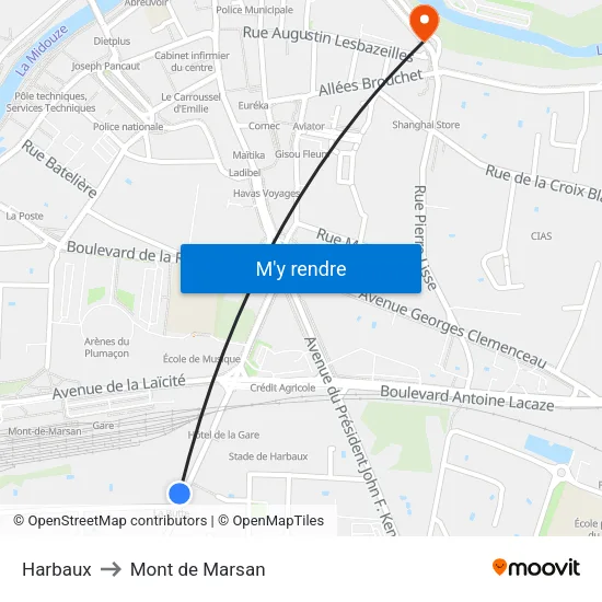 Harbaux to Mont de Marsan map