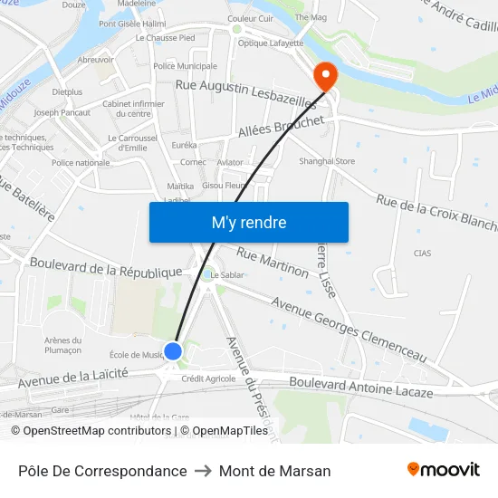 Pôle De Correspondance to Mont de Marsan map