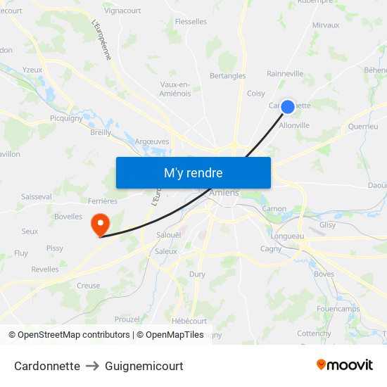 Cardonnette to Guignemicourt map