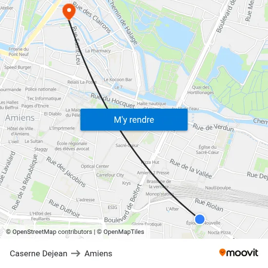 Caserne Dejean to Amiens map