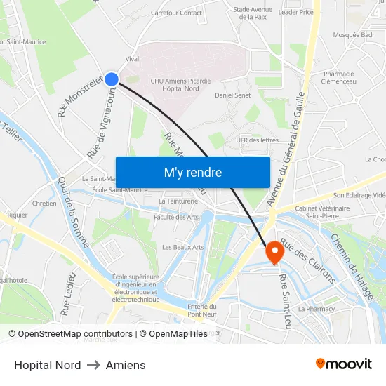 Hopital Nord to Amiens map