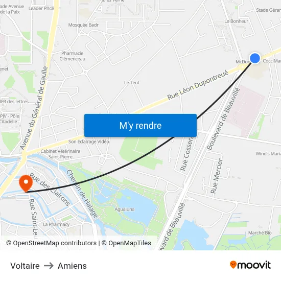 Voltaire to Amiens map