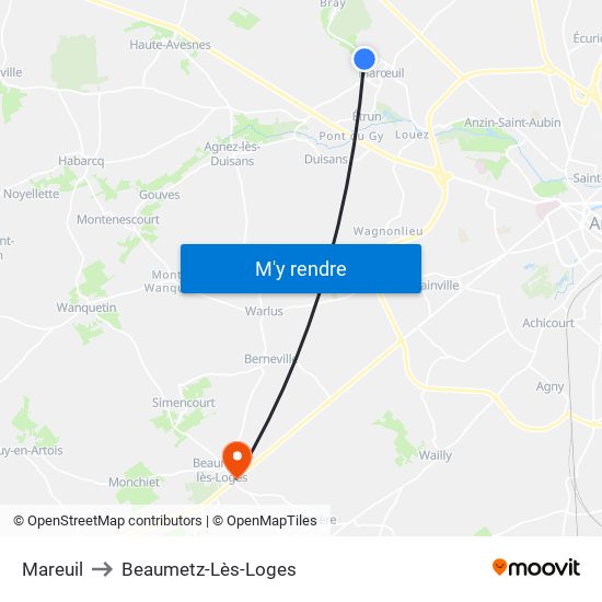 Mareuil to Beaumetz-Lès-Loges map