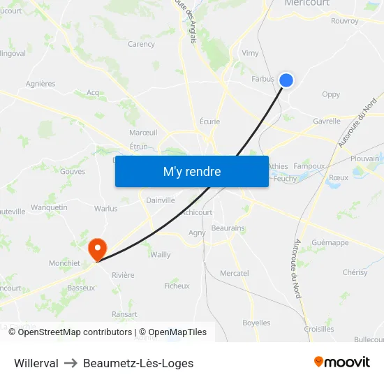 Willerval to Beaumetz-Lès-Loges map