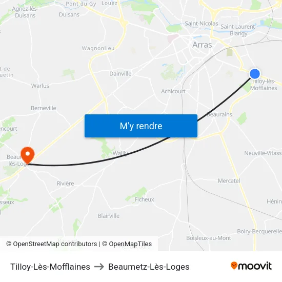 Tilloy-Lès-Mofflaines to Beaumetz-Lès-Loges map