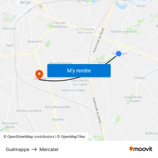 Guémappe to Mercatel map