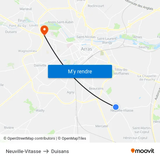 Neuville-Vitasse to Duisans map