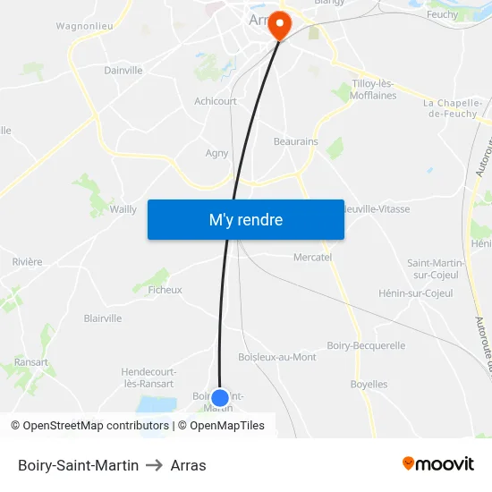 Boiry-Saint-Martin to Arras map