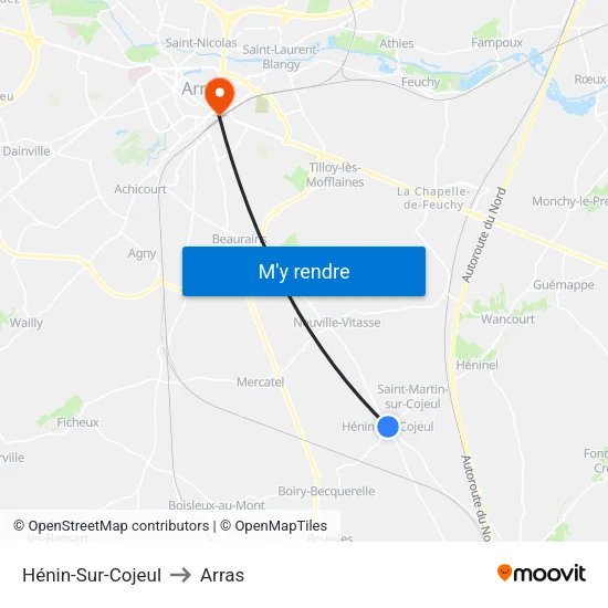 Hénin-Sur-Cojeul to Arras map