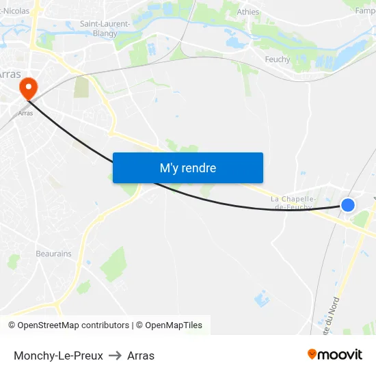 Monchy-Le-Preux to Arras map