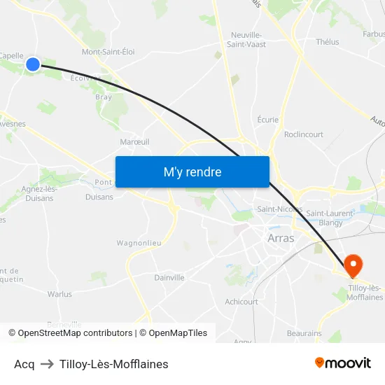 Acq to Tilloy-Lès-Mofflaines map