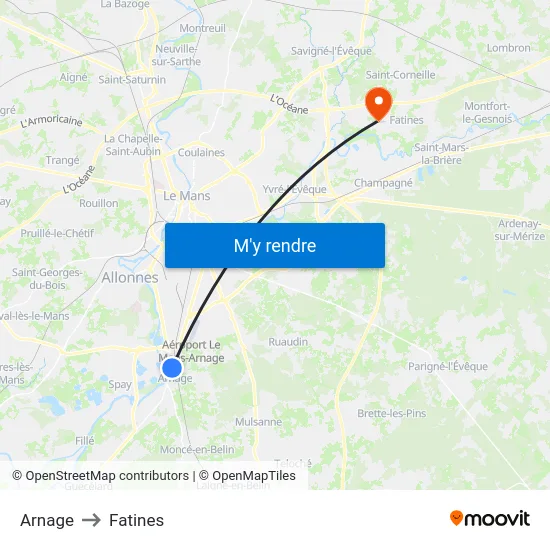 Arnage to Fatines map