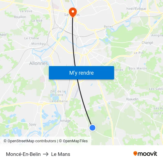 Moncé-En-Belin to Le Mans map