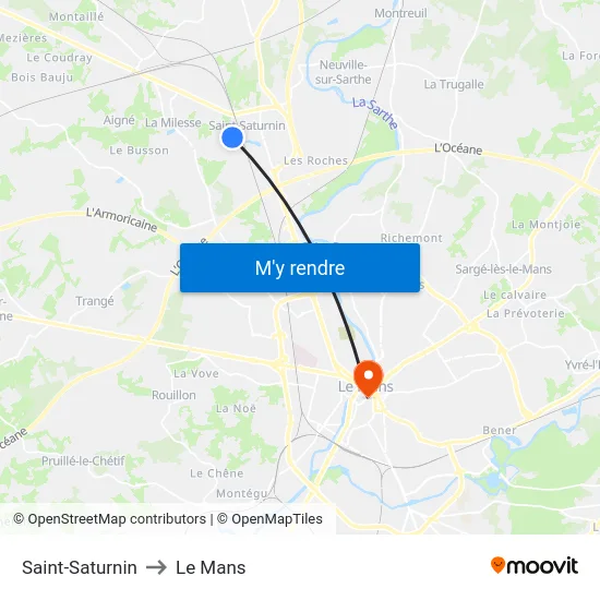 Saint-Saturnin to Le Mans map