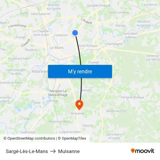 Sargé-Lès-Le-Mans to Mulsanne map