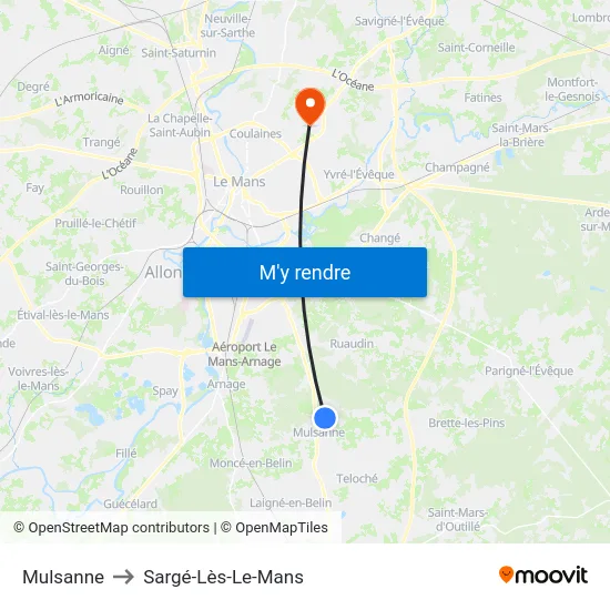 Mulsanne to Sargé-Lès-Le-Mans map