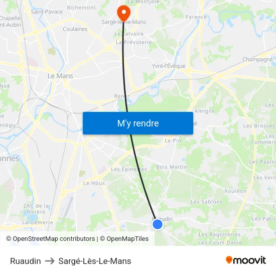 Ruaudin to Sargé-Lès-Le-Mans map
