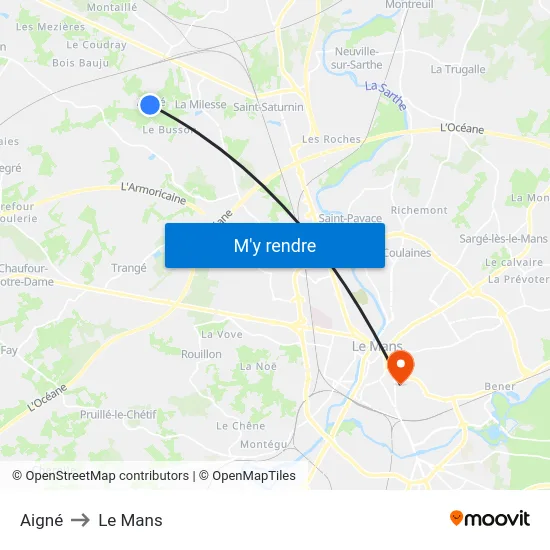 Aigné to Le Mans map