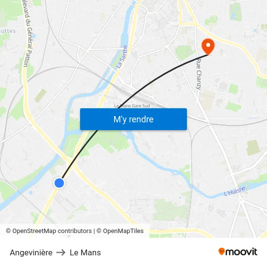 Angevinière to Le Mans map