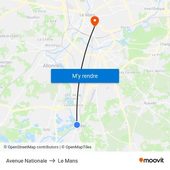 Avenue Nationale to Le Mans map