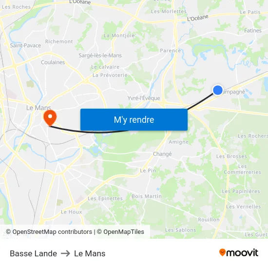 Basse Lande to Le Mans map