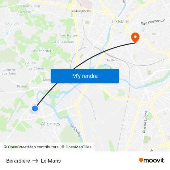 Bérardière to Le Mans map
