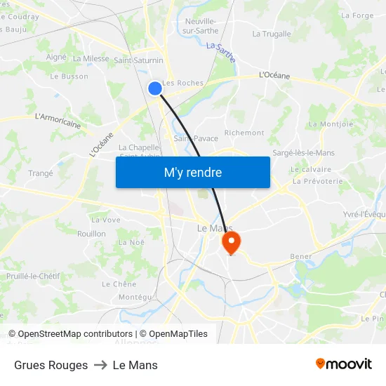 Grues Rouges to Le Mans map