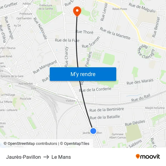 Jaurès-Pavillon to Le Mans map
