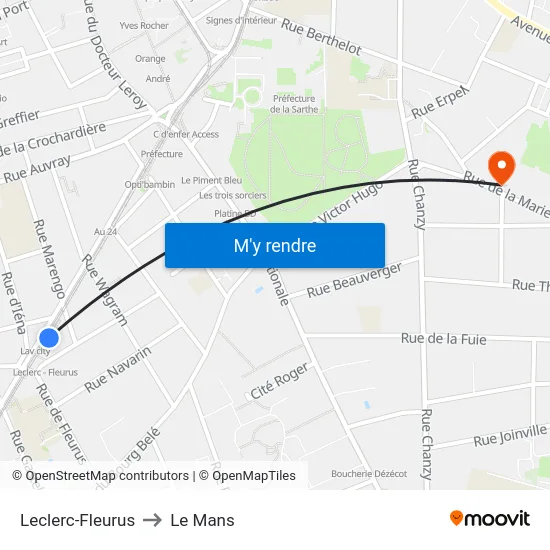 Leclerc-Fleurus to Le Mans map