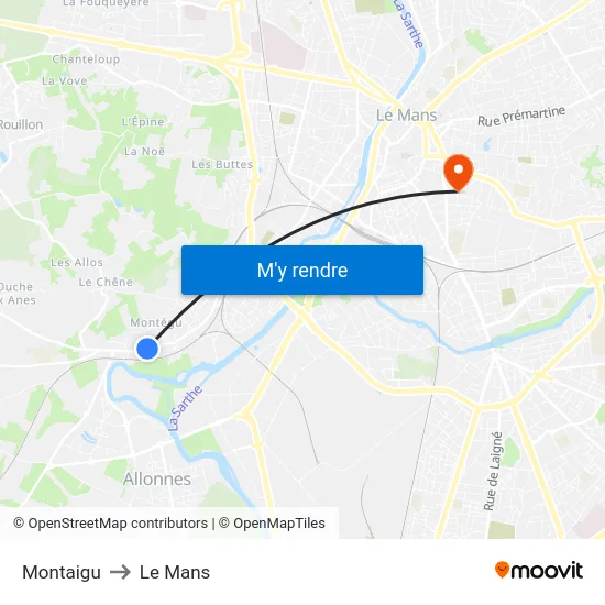 Montaigu to Le Mans map